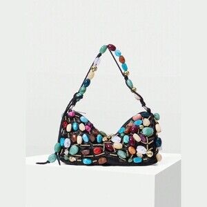 Black Beaded Stone Shoulder Bag with Multicolor Gem Embellishments